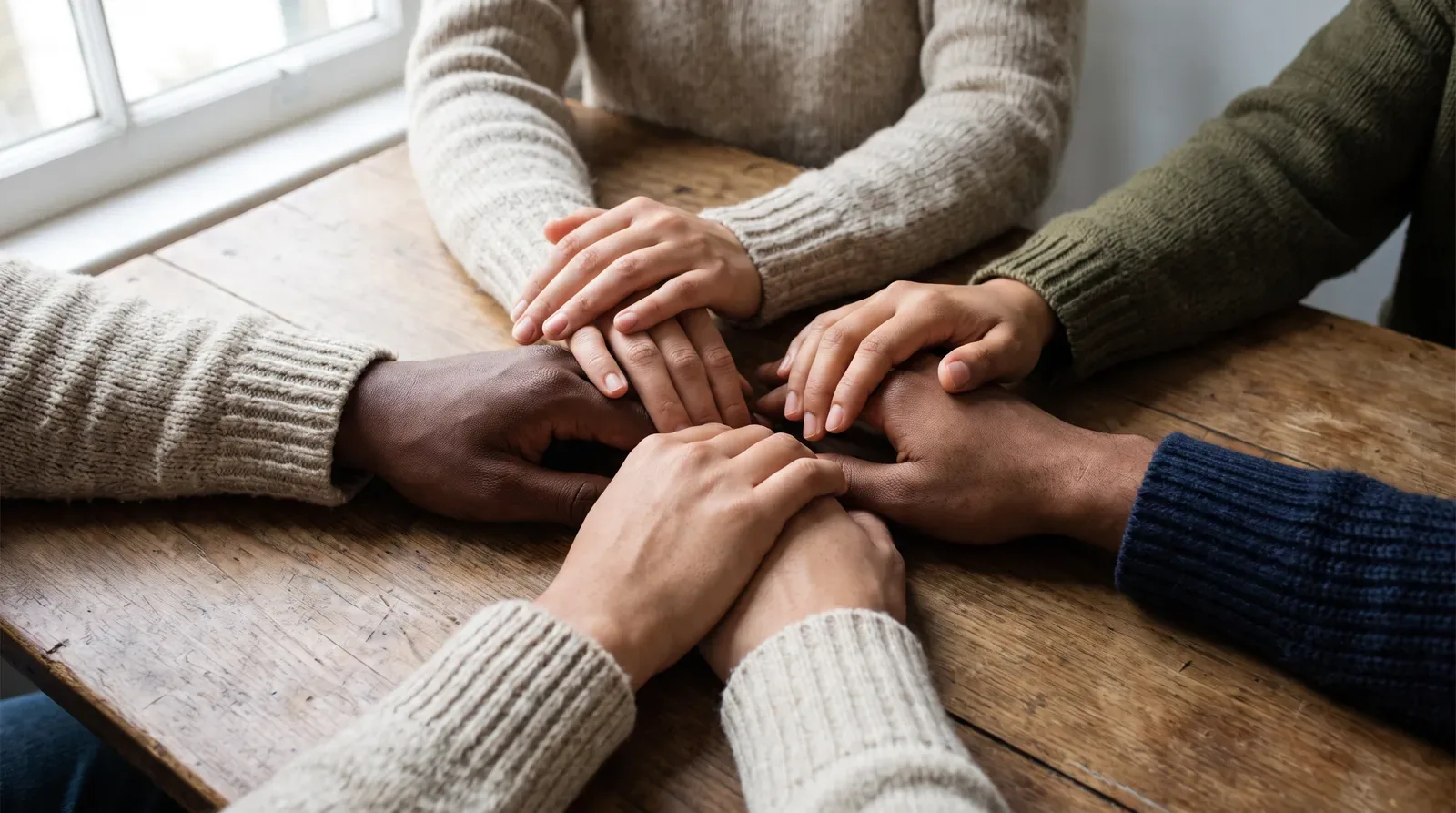 Several hands resting together in a circle of support