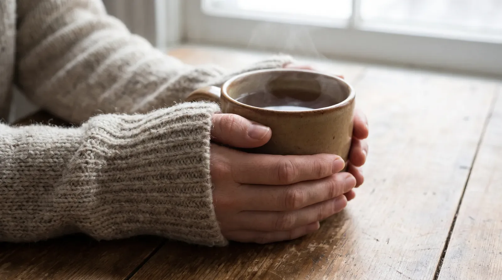 Two hands resting around a warm cup
