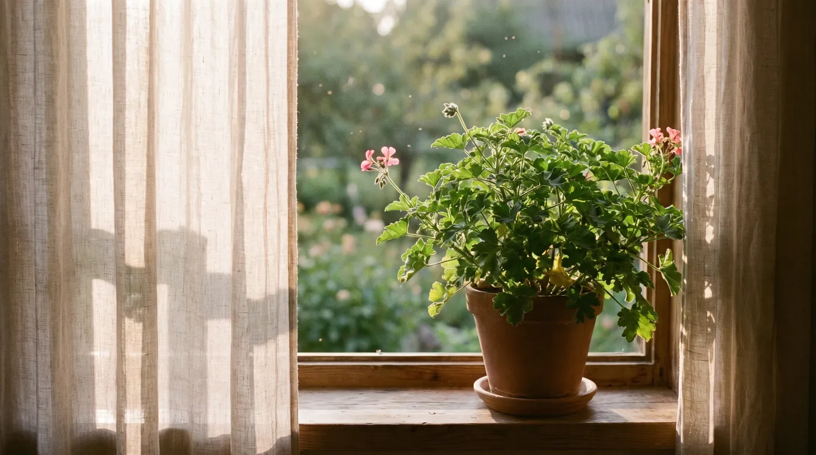 Morning light falling through a curtained window